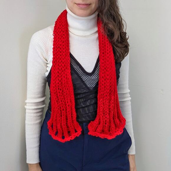 Handmade Knitted Ribbed  Red Scarf - Picture 3 of 4